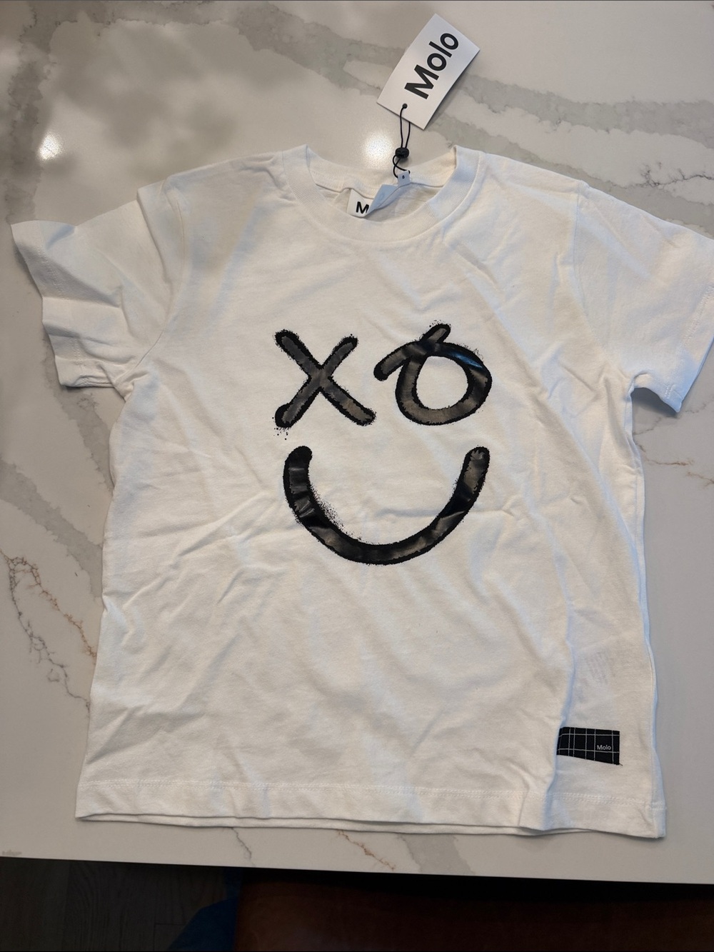 Molo White Tee with Black XO Smile Graphic